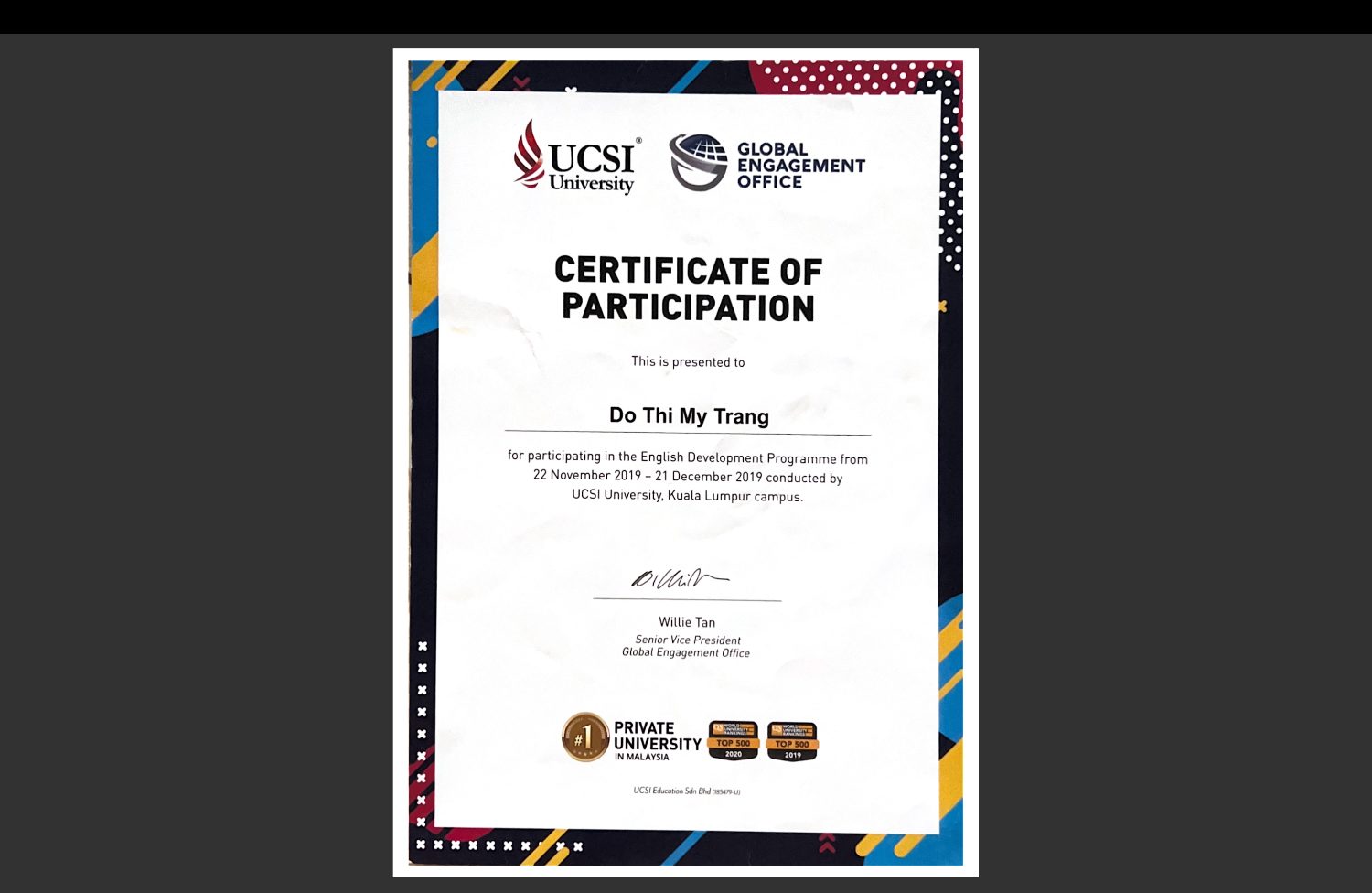 UCSI English Development Programme certificate