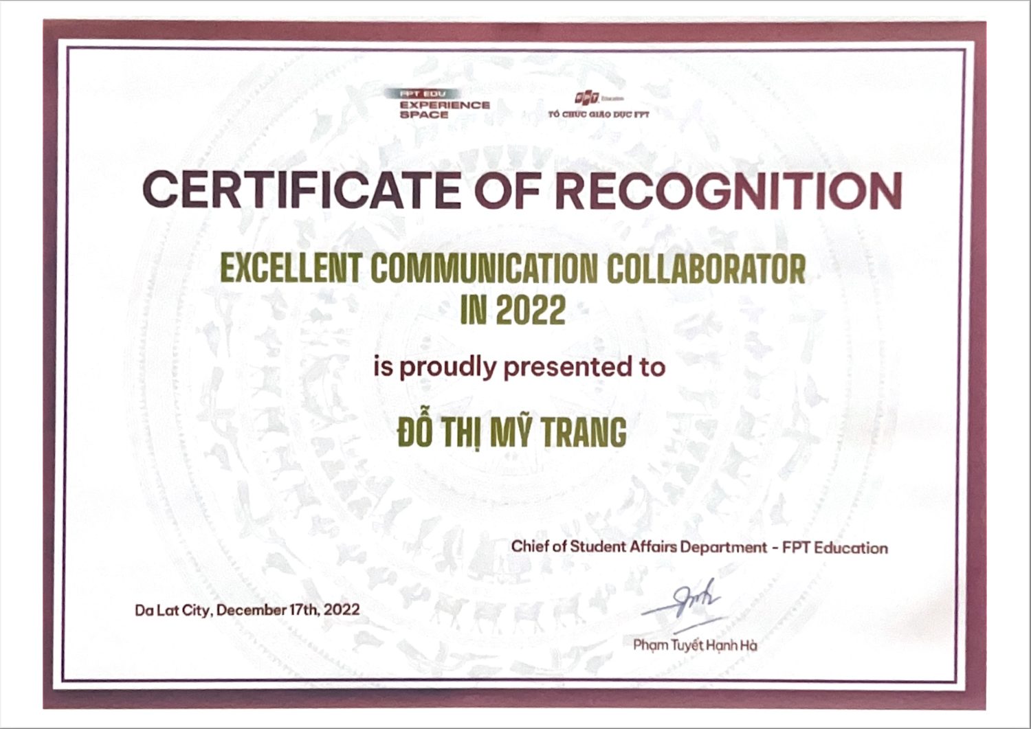 Certificate of Recognition — Excellent Communication Collaborator 2022